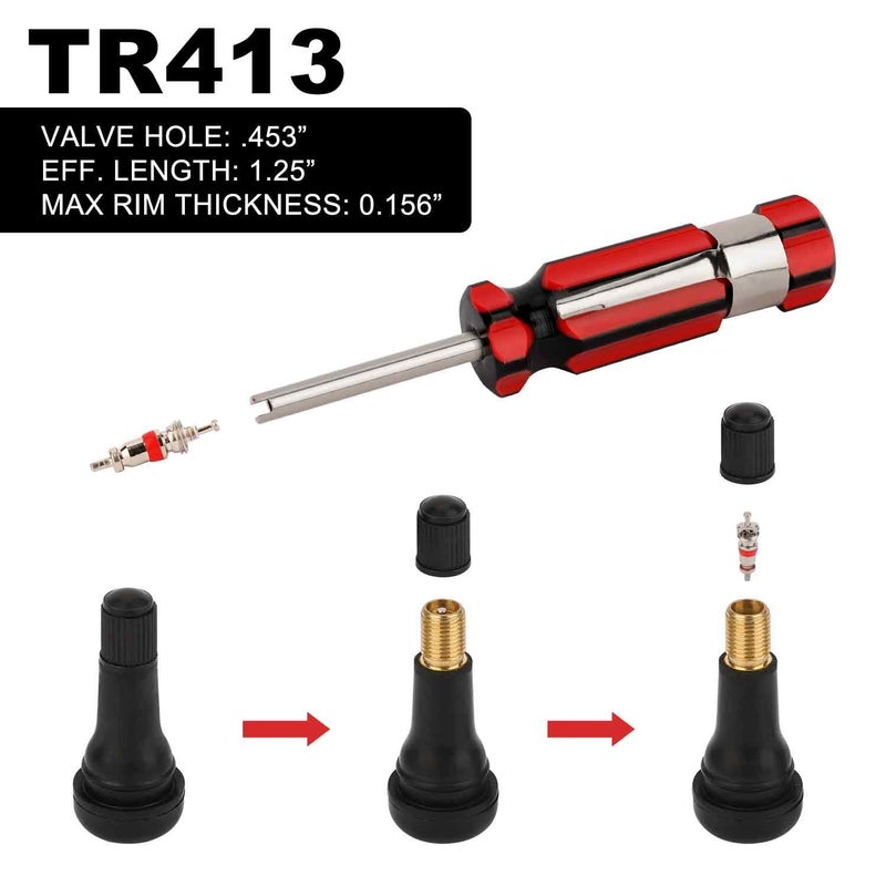 Hromee مجموعة أدوات سحب وتركيب صمامات الإطارات من هرمى، 4 قطع TR413 صمامات بدون أنبوب مع نوى صمامات، مزيل نوى صمامات برأس فردي وغطاء صمام برأس مشقوق - Image 3